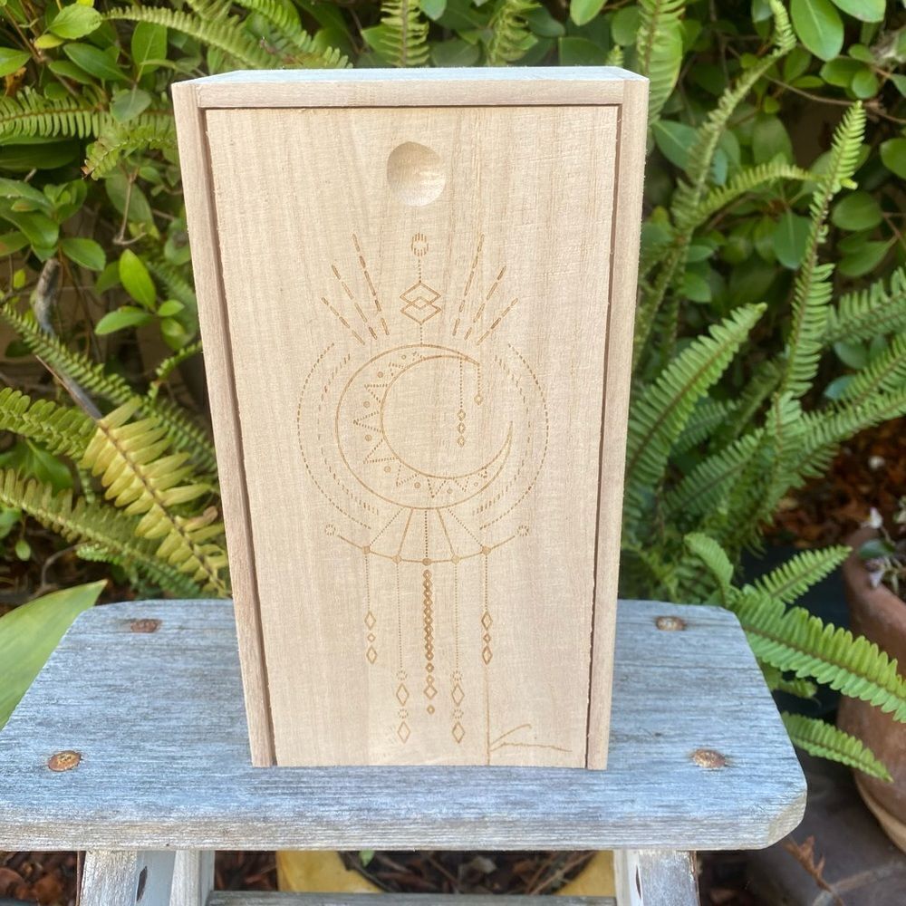 New Aviva Stanoff Wood Crystal Astrological Box Slide Top Crecent Moon Astrology